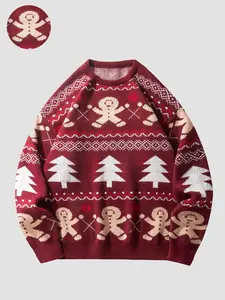 Men's Christmas Sweater, Gingerbread and Tree Pattern Pullover, Warm and Comfortable, Unisex Winter Party Essential