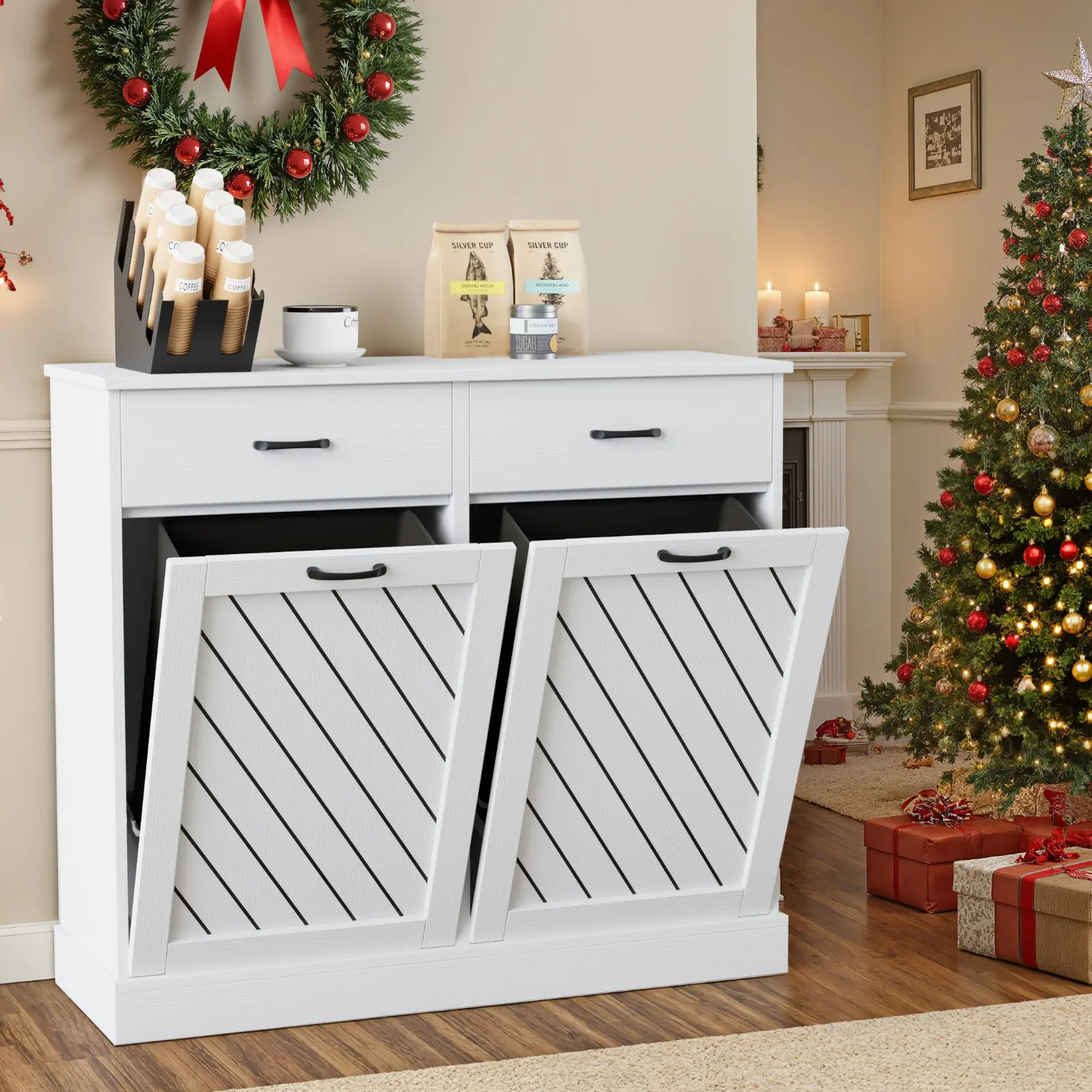 Double Tilt-Out Trash Can Cabinet, 2x13 Gallons Hidden Garbage, Hidden Kitchen Trash Cabinet with Storage Drawer, Pet-Proof Wooden Garbage & Recycling Cabinet for Kitchen, Laundry & Living Room, White Household Waste Bin Touchless Garbage Can