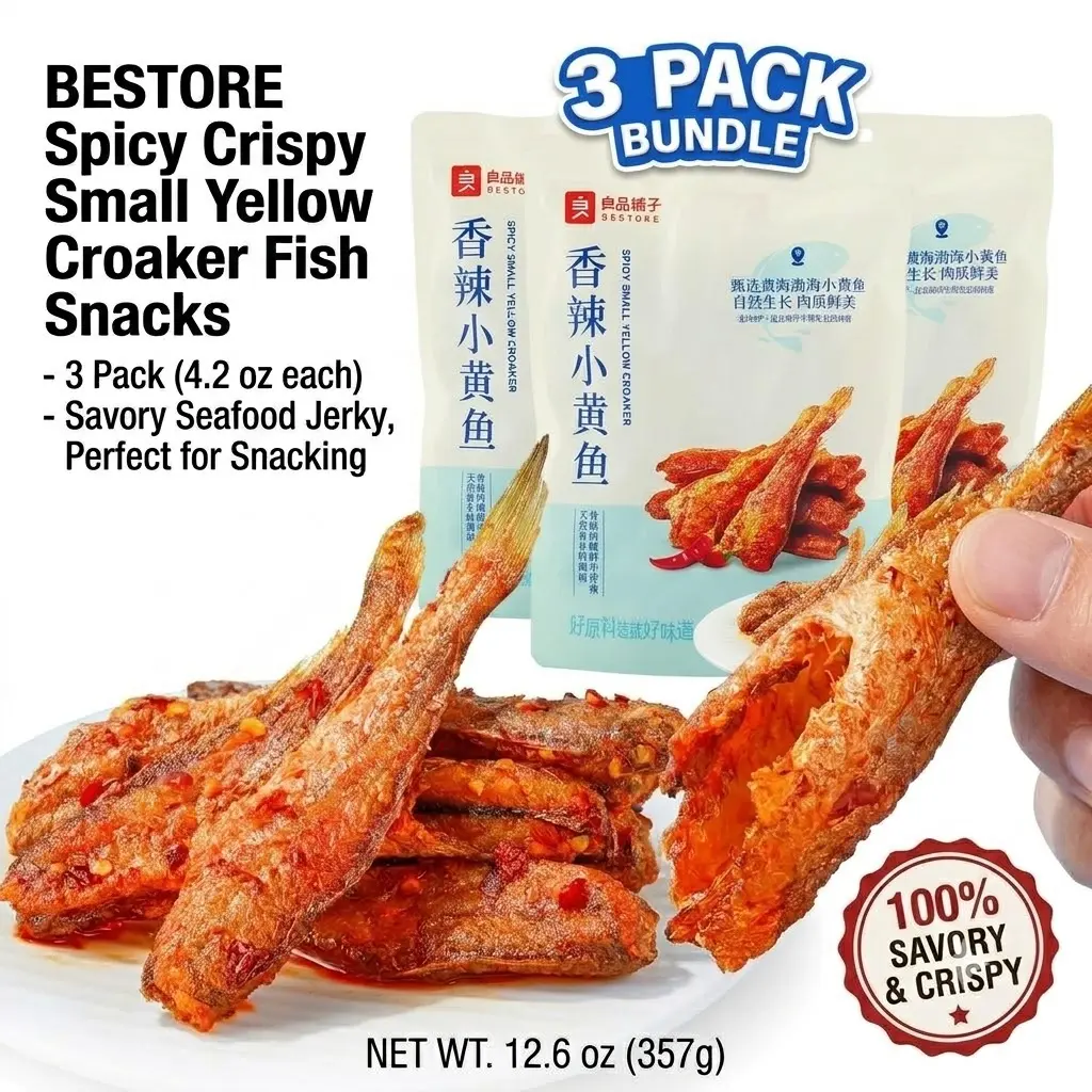 BESTORE Spicy Crispy Small Yellow Croaker Fish Snacks - 3 Pack (4.2 oz each) - Savory Seafood Jerky, Perfect for Snacking