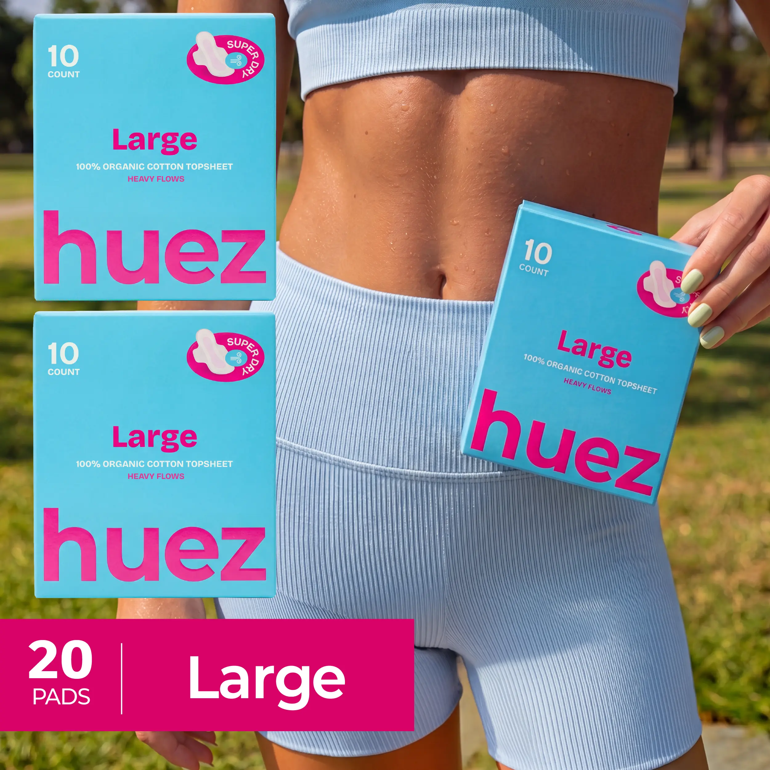 huez 100% Organic Cotton top sheet Sanitary Pads - Large (20 Count, 2 Packs) - 11.4 inch