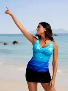 Women's Gradient Blue Wave Print Two Piece Swimsuit, Cross V Neck Tank Top + Black Skirt Bottom, Modest Slimming Swimwear