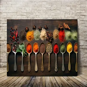 Framed Canvas Wall Art - Spices & Herbs Kitchen Art with Wooden Spoons: Vivid Culinary Theme, Gallery-Wrapped Canvas Decor for Dining Rooms and Homes.Creates a Warm Dining Atmosphere; Features Meticulous Detail and is Ready to Hang.