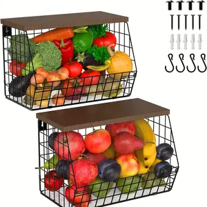 New 2pcs Large Window-View Fruit and Vegetable Storage Baskets with Wooden Lids - Stackable Wall-Mountable and Countertop Multifunctional Organizer for Kitchen Counters - Contemporary Metal Design with Opened Cover for Easy Access