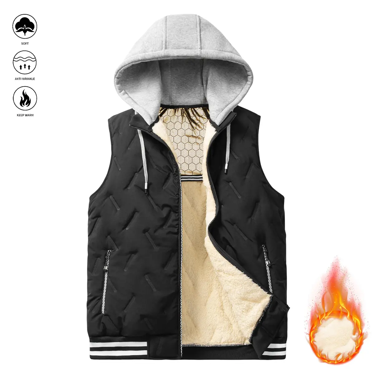 JOGWAVE men’s winter outdoor fleece-lined hooded vest, autumn/winter couples’ style warm vest with hood, fashionable faux two-piece design, made from warm polyester fiber, machine washable, keeps you warm in winter, casual outerwear for outdoors, thickene