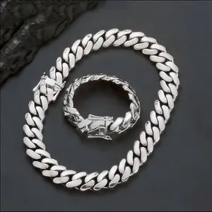Silver-Tone Cuban Chain Set - Stainless Steel Necklace & Bracelet | Hypoallergenic Gym | 16-30in & 7.5-8.5in Adjustable Lengths" Cubanchain Men Jewelry