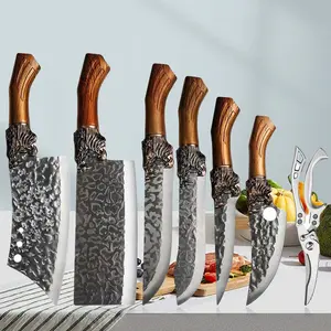 Handmade Forging Kitchen Knife Set, 7Pcs Stainless Steel Kitchen Knife Set, Chef's Knife Versatile, Bone Cutting Knife, Butcher's Knife, Kitchen Scissors For Cutting Bones, Duck And Fish, 1-7pcs Kitchen Knives Utensils Kitchenware Home