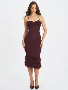 Pluma Maroon Halter Faux-Fur Trimmed Midi Dress