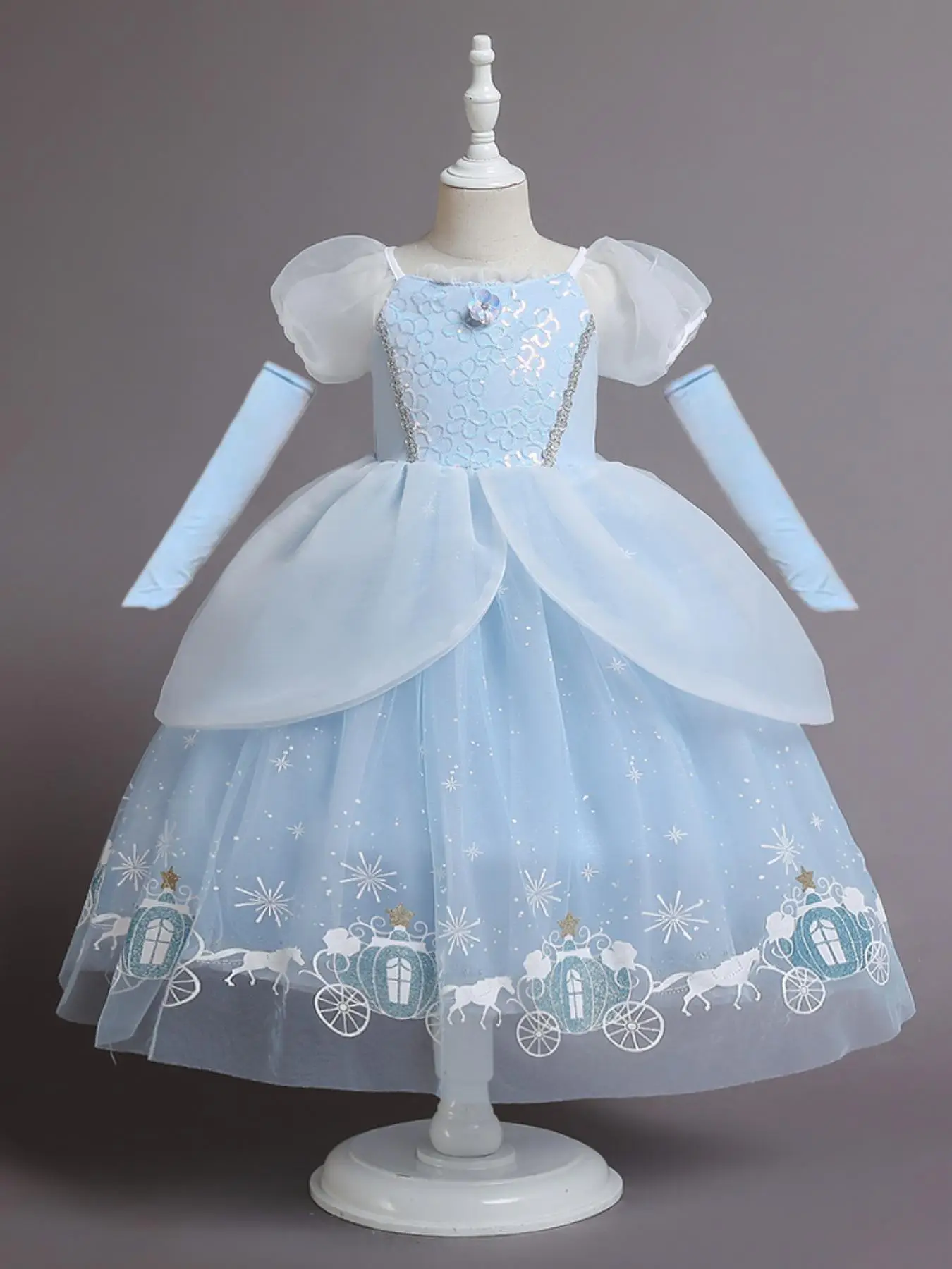 Girl's Carriage Print Contrast Sequin Frill Trim Mesh Princess Dress with Arm Sleeve, Elegant Puff Sleeve Square Neck Fit & Flare Party Dress for Part