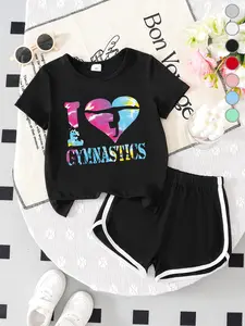 Summer Girls Casual Sports Short Sleeve Shorts Set, Gymnastics Letter Print Top, Loose Fit Comfortable Pants, Soft Breathable Fabric, Sportswear Set, Sporty Style Clothes