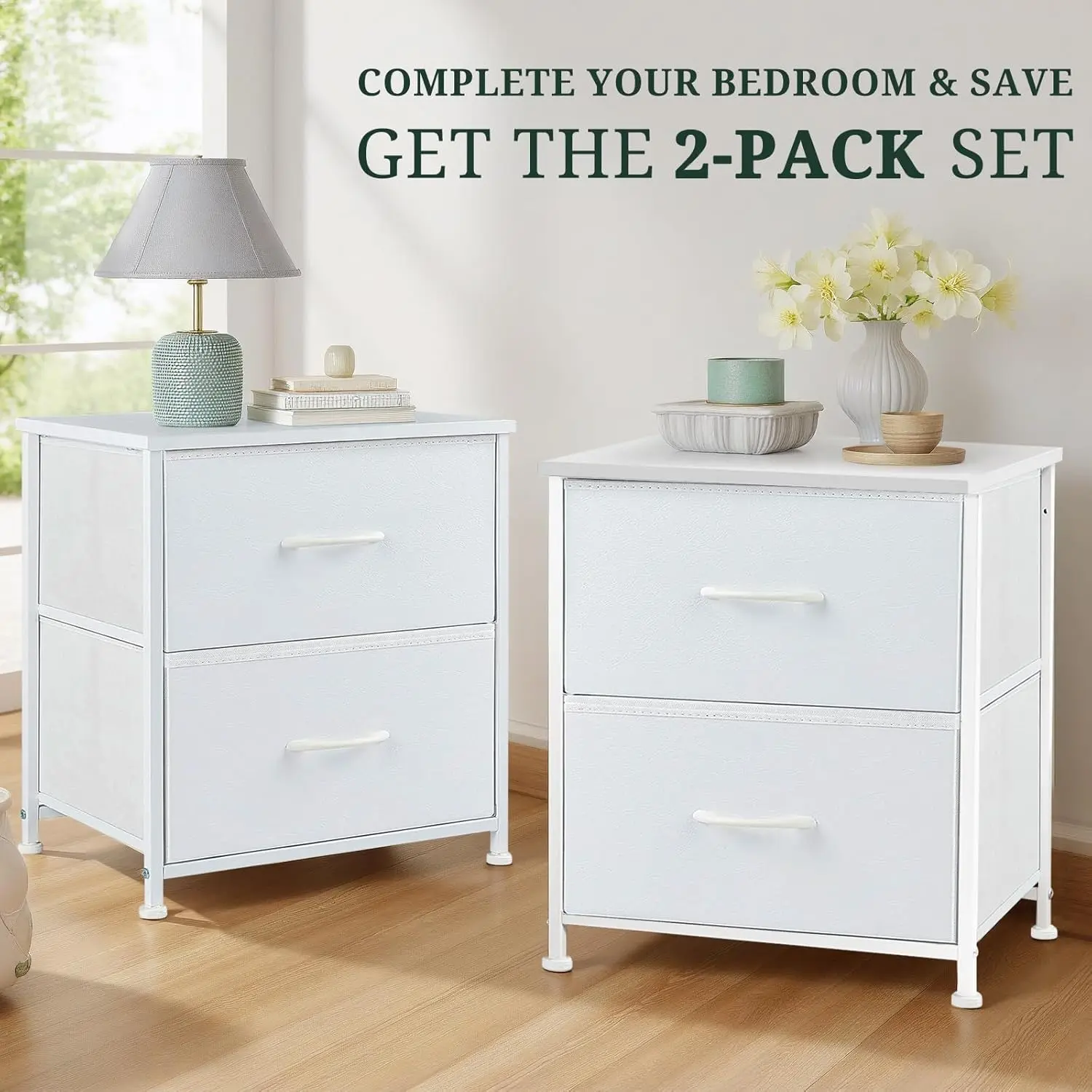 Set of 2 Modern Large Bedroom Nightstands with 2 Drawers, Wooden Top, Fabric Drawers, Adjustable Ft, Lightweight Compact Storage Furniture for Bedroom Decor