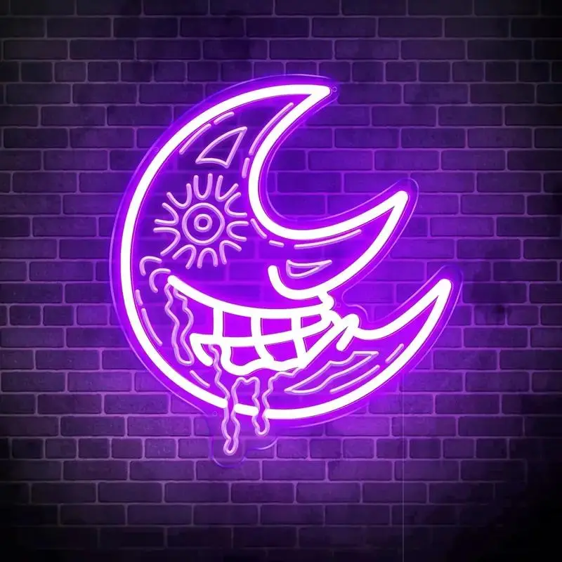 Moon Neon Sign, Purple Scary Devil Drooling Blood Moon Led Sign for Wall Decor , Retro Vintage Psychedelic Mystic Moon Neon Light for Christmas Bedroom Party Gift