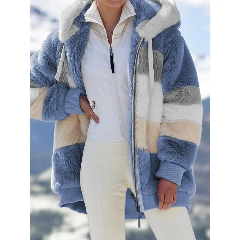 Winter Long Coats Women Plus Size Winter Warm Loose Plush Zip Hooded Jacket Coat Gifts Christmas Gift