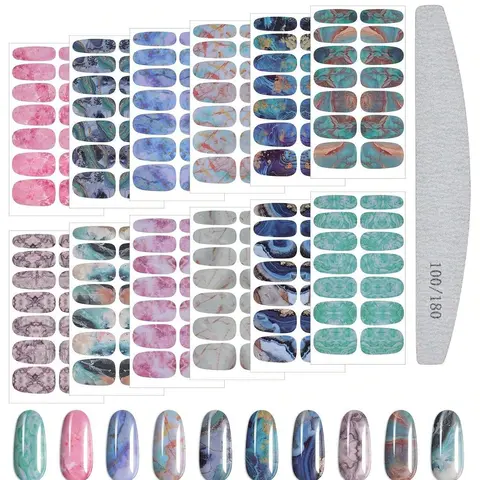 Marble Pattern Nail Art Sticker, 12 Sheets Self-adhesive Nail Decal with Nail File, DIY Nail Art Decoration for Women & Girls