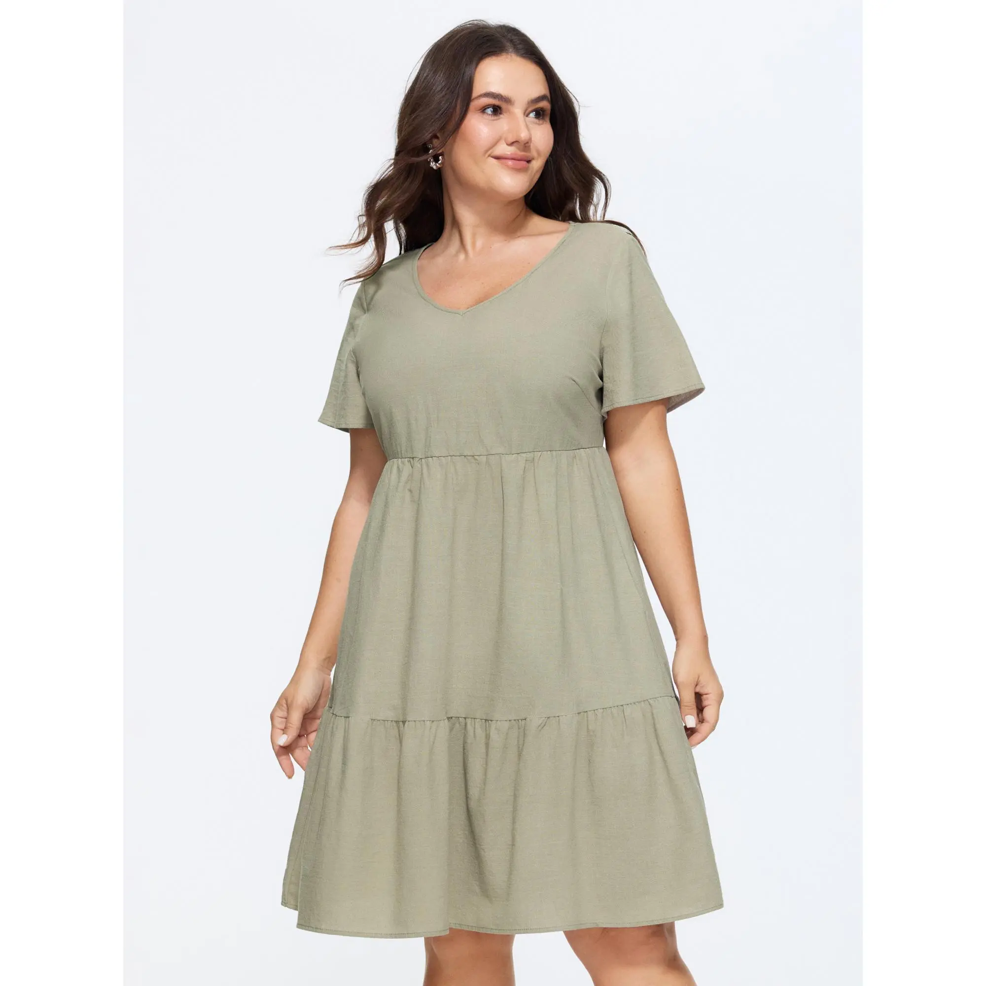BloomChic Women's Plus Size Solid V-Neck Short-Sleeve Knee-Length Cotton Casual Summer Dress - Pull-On, Smooth Fabric, Pockets, Low Iron, Cold Wash, Wash with Like Colors, Tiered Layer