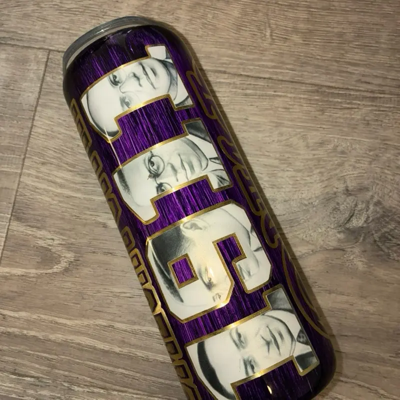 1911 Omega 20oz Stainless Steel Tumbler with Purple Woodgrain and Gold Omega Founders Design - Durable and Stylish Drinkware