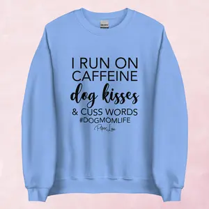 Camoe Women's "I Run On Dog Kisses" Graphic Knit Crewneck Sweatshirt, Athletic Womenswear Tops, 50% Cotton-50% Polyester Spandex Blend, Pre-Shrunk Classic Fit, Air-Jet Spun Yarn Soft Feel