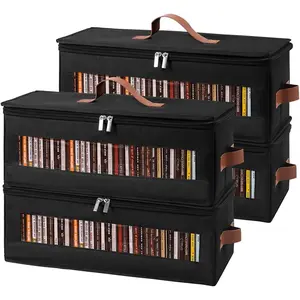 Qozary CD Storage Box - 4 Pack CD Case Holder with Clear Window, Holds 150 Jewel Cases, Media Storage Rack for DVDs, CDs, Video Game Disks, Blu Ray Disc-16.5 × 8.3 × 8 in, Black