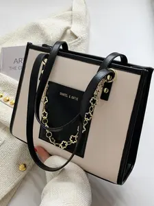 Fashion Chain Decorated Tote Bag As Summer Outfits 2024, Elegant Colorblock Letter Label Design Shoulder Bag for Women, All-match Commuter Bag for Work & Daily Used
