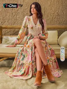 Women's Leaf Print Contrast Lace Button-Front Split Thigh Dress, Elegant Bishop Sleeve V-Neck Ruffle Hem Long Dress for Vacation, Ladies Fall & Winter Clothes