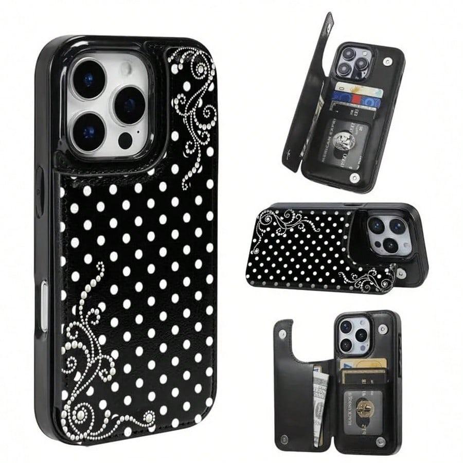 2D image Pearl Polka Dot Dream Patterned Card Holder Leather Case Is Compatible With IPhone 17 Pro Max/Air/16/15/14/13/12/11.For Samsung S22/S23/S24/25. It's An Ideal Gift For Christmas, Valentine's Day, And New Year's, Perfect For Boyfriends,