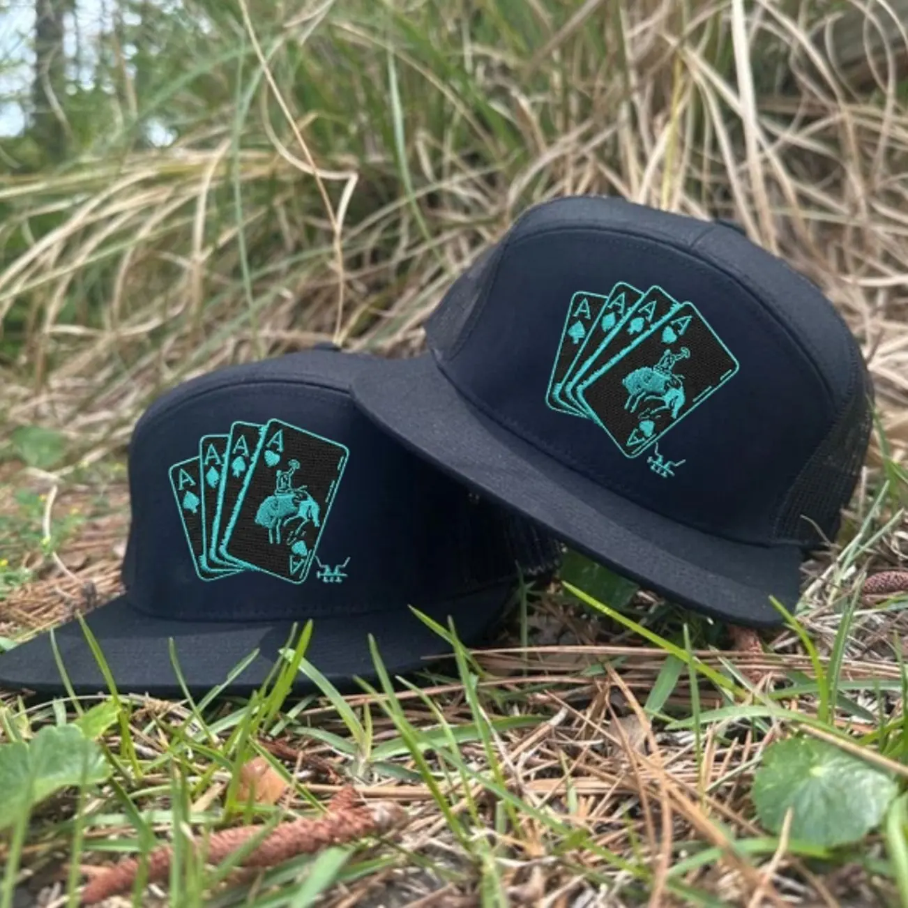 Vintage Turquoise Gambler Hat with Card Design, Adjustable Bracelet Trucker Hat, and Snapback Closure, Gift for Him