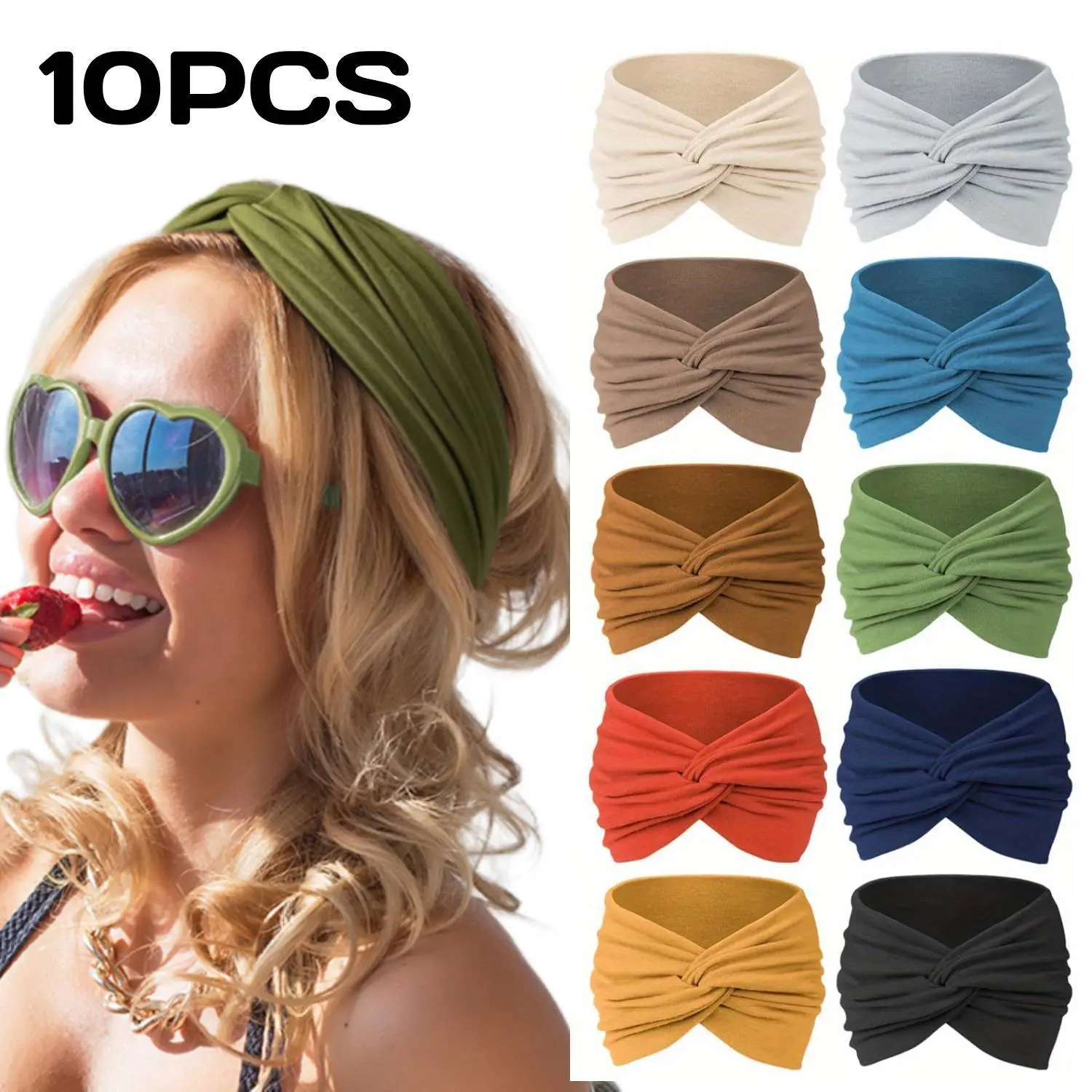 Women's 10-Pack Soft Polyester Ethnic Wide Headbands - Elastic Cross-Knotted, Non-Slip, Stretch Fit, 9.2in Long, 5.1in Wide, Tie Dye, Careful Design, 10 Different Colors All-Inclusive Casual Fashion Hair Wraps (Festive Party Supplies Gift)