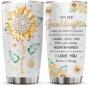 To My Granddaughter Tumbler – Sunflower Stainless Steel Cup 20oz, Birthday Gift for Granddaughter, Graduation Present, Christmas Gift from Grandma or Grandpa, I Love You Forever & Always Quote Travel Coffee Mug, Insulated Drinkware