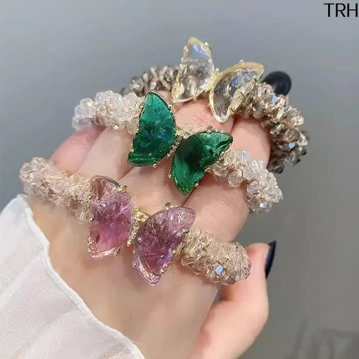 Crystal Butterfly Hair Scrunchie, Sparkly Beaded Elastic Hair Tie, Elegant Rhinestone Butterfly Ponytail Holder, Cute Aesthetic Hair Accessory For Girls Daily Styling