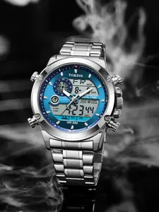 Tokdis Men's Electronic Watch, Glow-In-The-Dark Calendar, Dual Time Wristwatch, Dual Display, Digital Timer, Alarm Clock, Fashionable Buckle Closure