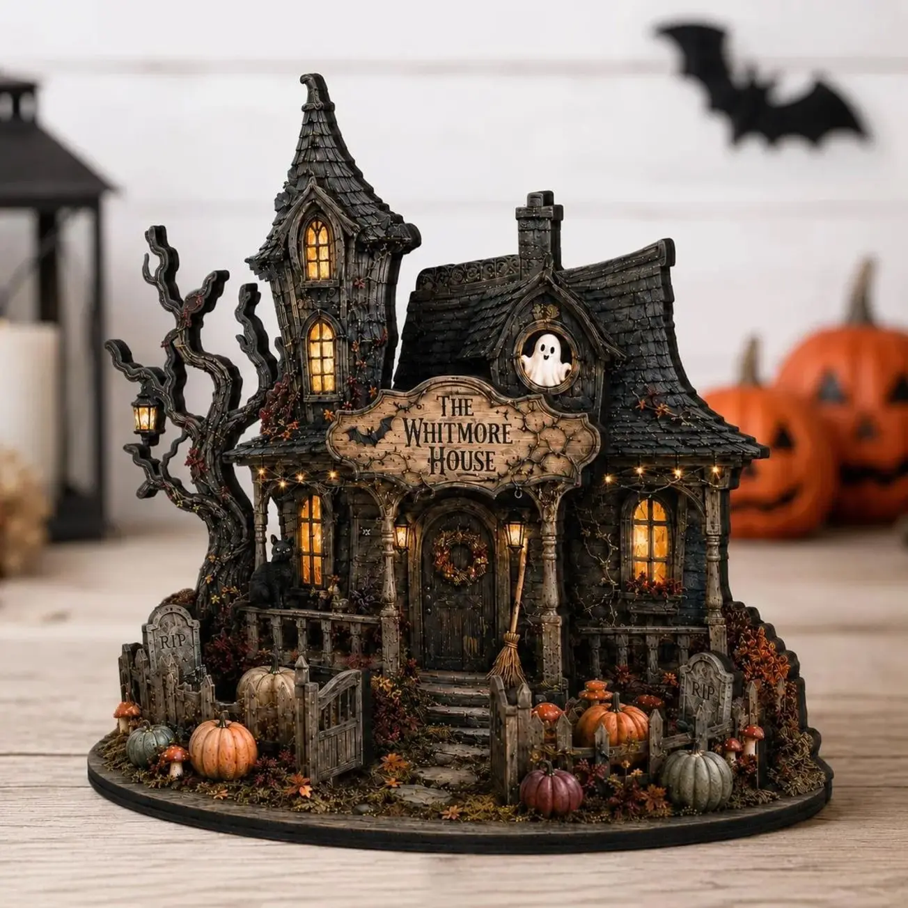 Personalized Haunted House Wooden Decor, Custom Family Name Halloween Tabletop Sign, Spooky House Shelf Decor Gift