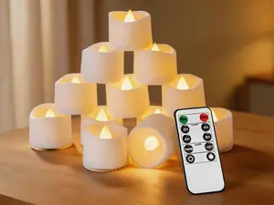 12-pack LED flickering tea light candles with remote and timer. Flameless battery-operated design, lasting over 400 hours. Ideal for tabletop lighting, centerpieces and holiday decor.