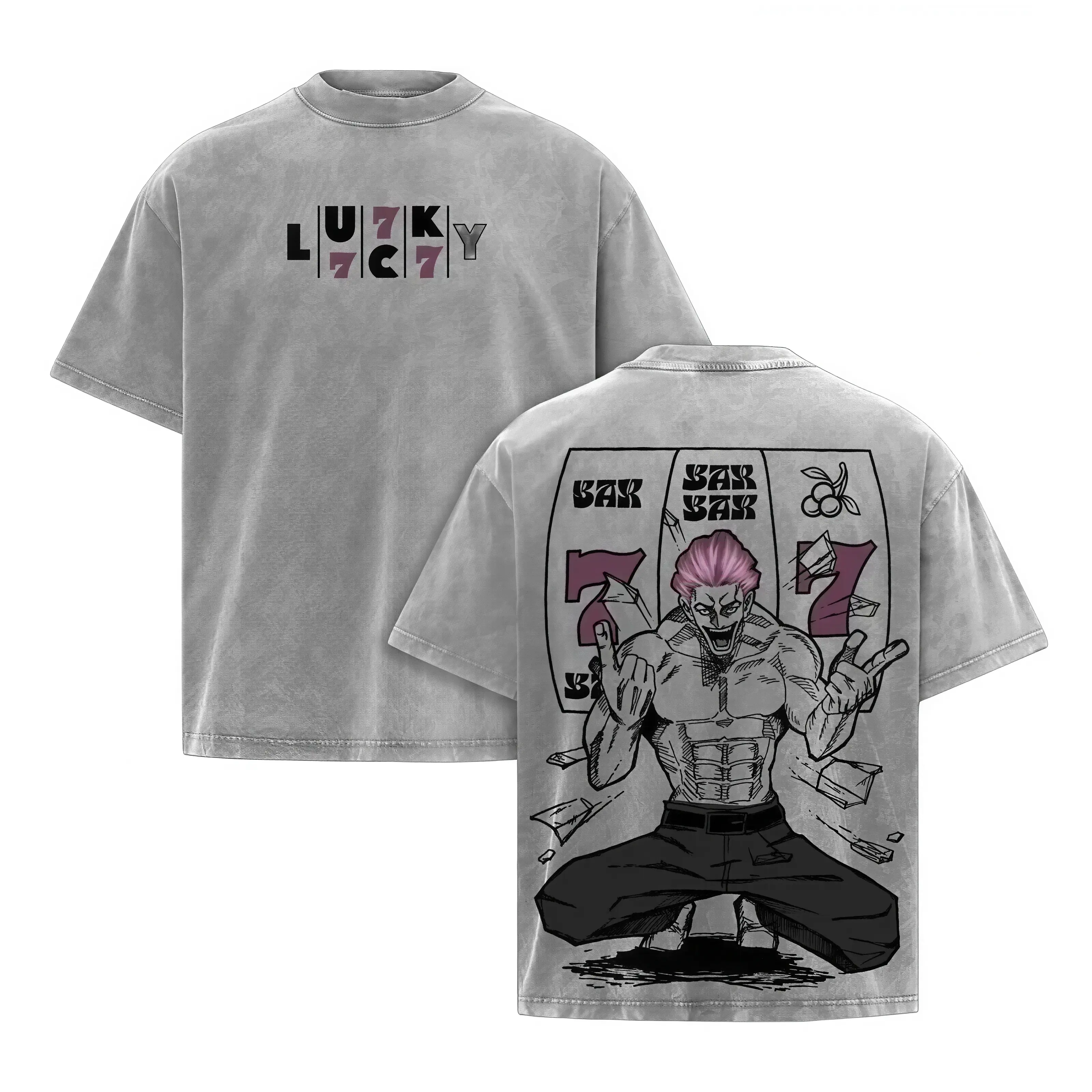 JJK Hakari Graphic T-Shirt, Unisex Heavyweight Short Sleeve Tee in a Vintage Acid Wash, Oversized Harajuku Streetwear Top, Tshirt, Shortsleeve, Stylish, Casual, Fashion, Menswear, Jujutsu Kaisen Graphic Men's Short-Sleeve T-Shirts
