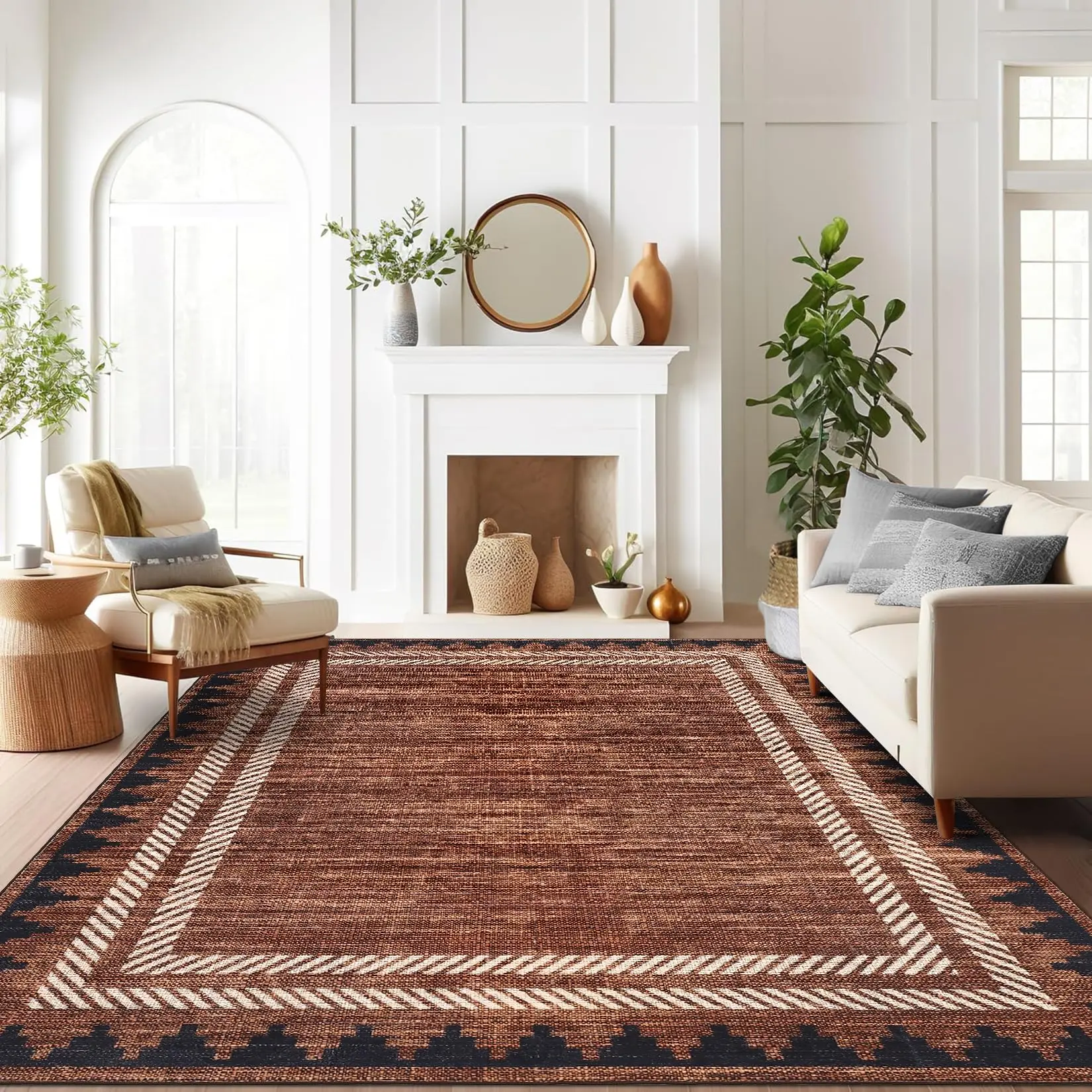Garvee Washable Area Rug 8x10 Modern Neutral Living Room Rug Brown Non Slip,Border Geometric Carpet for Bedroom,Soft Non Shedding Solid Rugs Low Pile Carpet for Farmhouse Dining Room Office