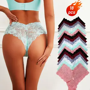 18 PCS Ladies' Simple Lace Hollow Panties in Popular INS Style with Bowknot Design Low Waist Dry Clean Machine Washable Cheeky Style