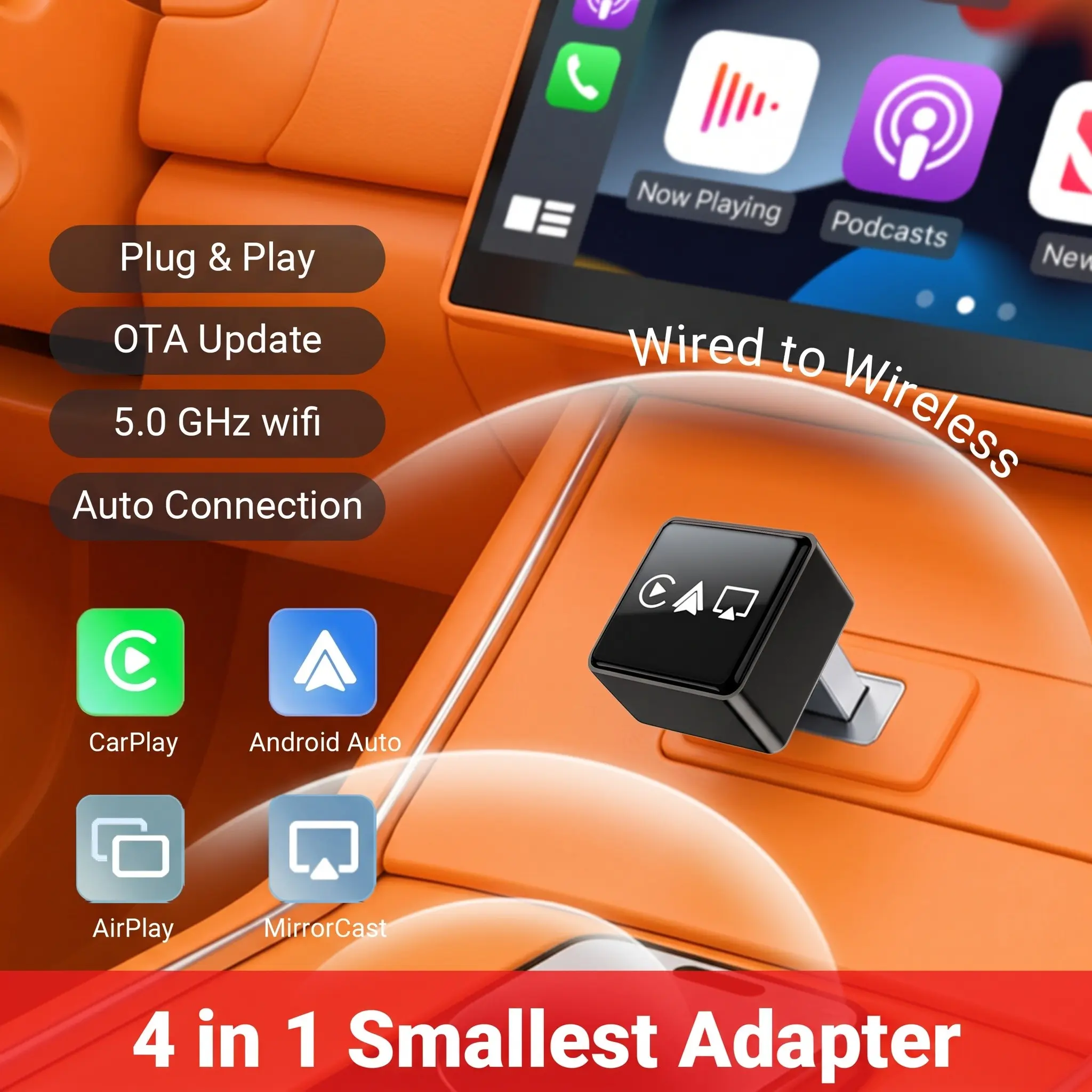 Smart 4 in 1 CarPlay Wireless Dongle, Wired to Wireless CarPlay & Android Auto Converter with AirPlay MirrorCast Function, Quick Pairing Plug&Play Portable Car Entertainment Upgrade Device