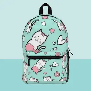 Cute Cat Pattern Backpack – Mint Kitty Hearts & Stars School Bag