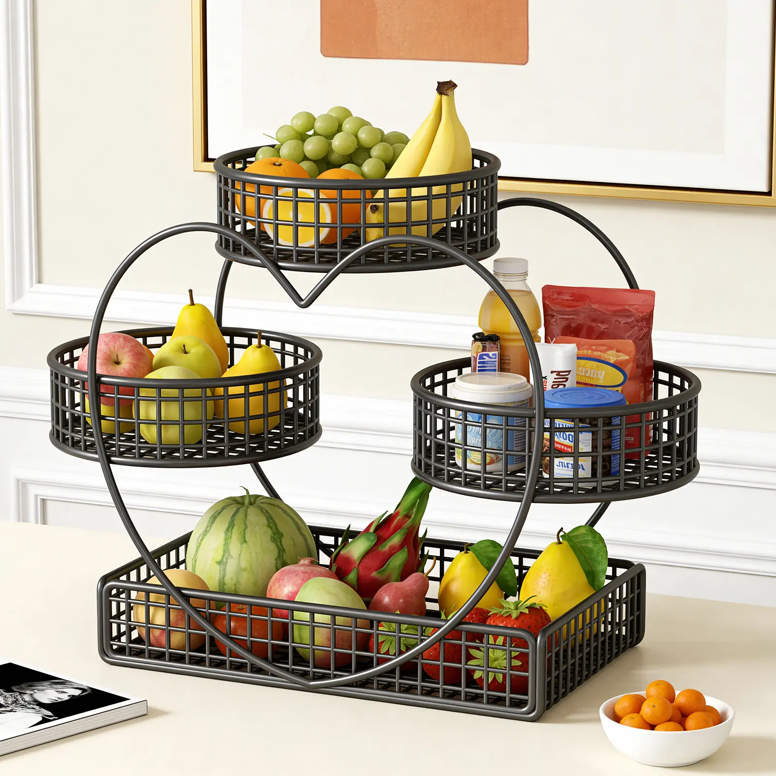 Heart-Shaped Metal 3-Tier Fruit Bowl Organiser Shelf, Portable Fruit And Vegetable Storage Cart for Kitchen Vegetable Snack Cosmetic Storage, Ideal Holiday Gift for Dorm & Home Use