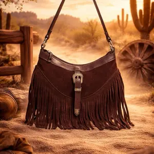 Dark Brown Fringe Handbag with Buckle Detail and Leather Strap for Western Style