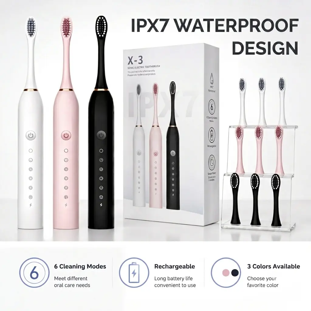 Electric Toothbrush with 3 Brush Heads, 6 Cleaning Modes Rechargeable Sonic Toothbrush IPX7 Waterproof for Adults, Travel & Holiday Gift