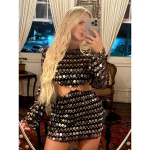Sexy Shiny Sequins Short Dresses Female Glitter Flaer Sleeve Slim Hollow Out Mini Dress Sparkling Club Party Outfits High Street