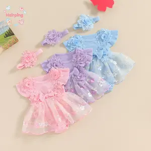 Baby Girl 2Pcs Summer Outfits, Fly Sleeve Floral Embroidered Romper Tulle Dress with Headband Set, Casual Baby Girls Set