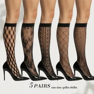 5 Pairs Fishnet Knee High Socks for Women, Sexy Lace Sheer Mesh High Trouser Socks, Patterned Thigh High Stockings for Dresses, One Size (90-140lbs)