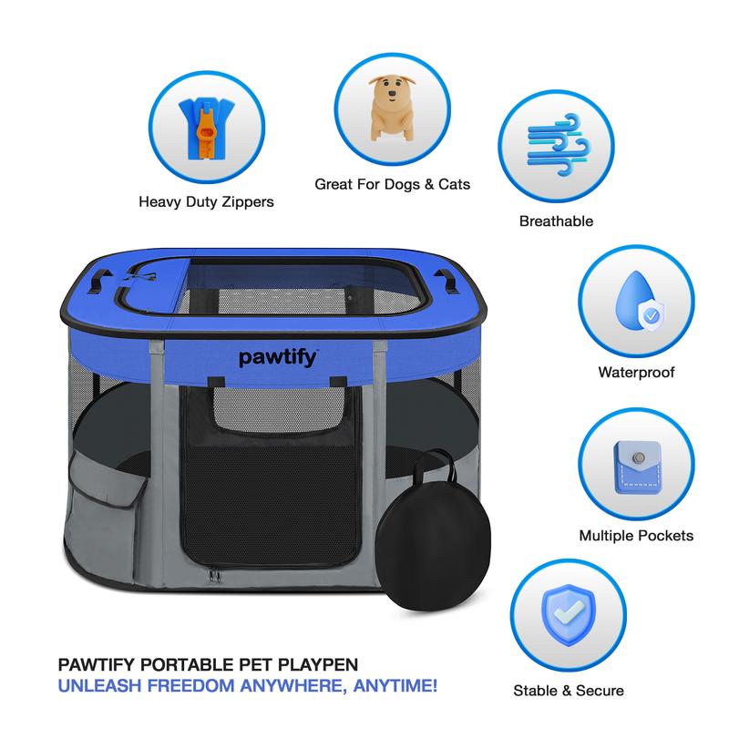 Foldable Dog Playpen for Indoor and Outdoor Use - Portable Pet Pen with Soft Sides, Large Crate for Big, Large Dogs, Cats, Animals - includes Carry Case and Travel Bowl