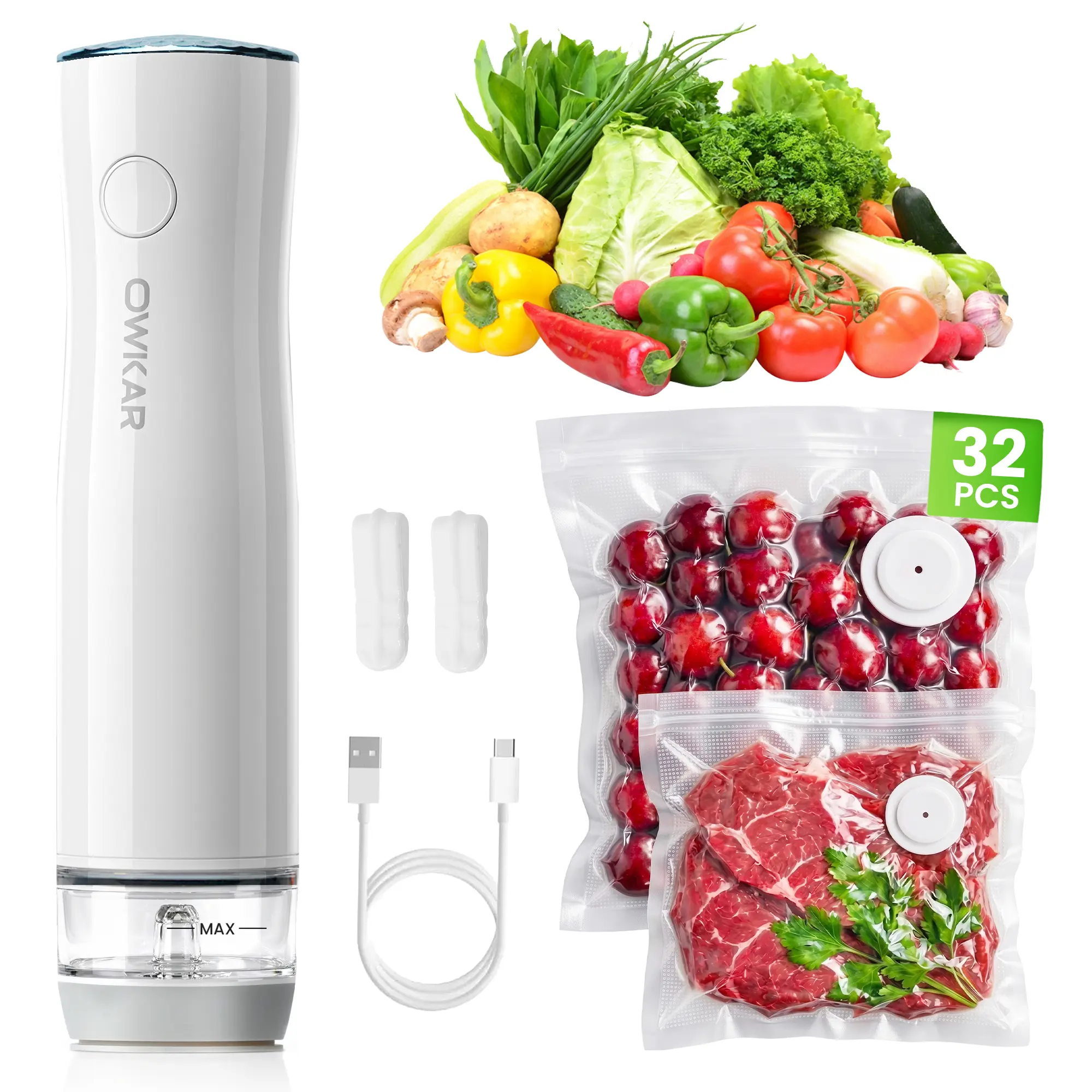 OWKAR Wireless Handheld Vacuum Sealer for Food with 32 Reusable Bags, Compact & Powerful Food Vacuum Sealer with Visible Liquid Tank, Digital Display and 6X Freshness Lock for Meal Prep & Storage