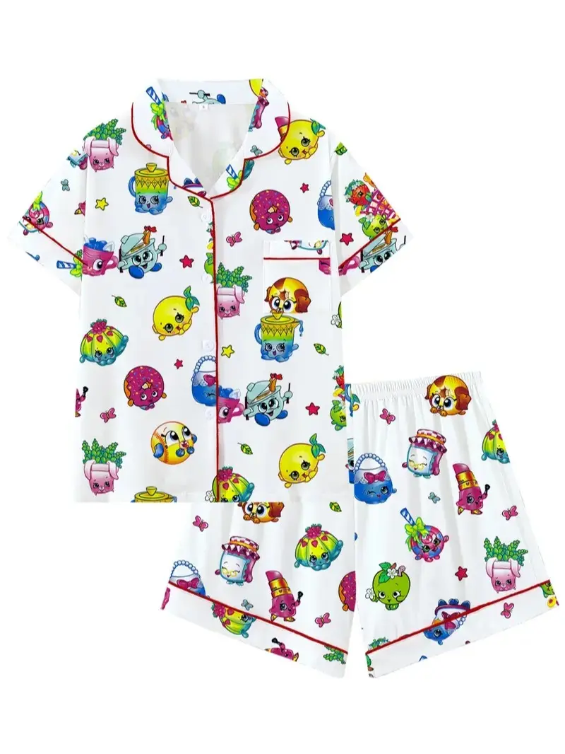 Kidcore Kawaii Pajama Set – Cute Cartoon 2-Piece Button Down Sleepwear, Colorful Summer Loungewear