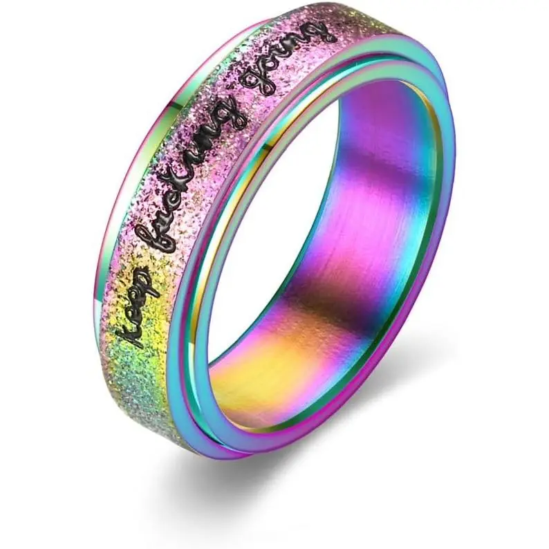 Keep Going Fidget Spinner  Ring for Women Men Spinning Ring Inspirational Graduation Encouragement Wedding Band Ring  Rainbow Stainless Steel  Comfort Fit