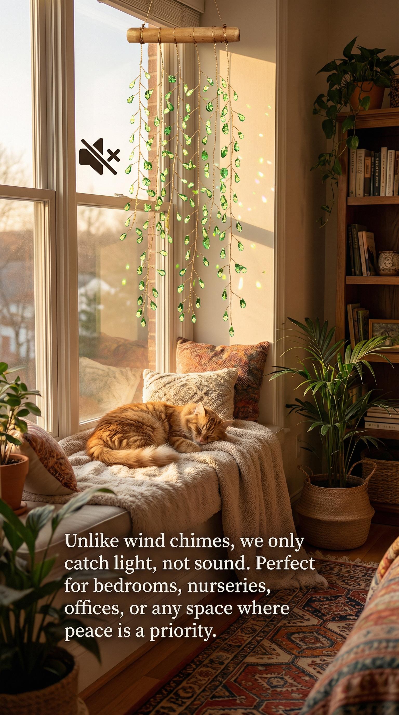 Green/crystal plant suncatcher – Handmade Bohemian Window Decor with Real Wood & Crystal Glass Beads, Rainbow Light Catcher for Home, Garden, suncatcher plant hanger， raised garden beds Gift Idea weeping willow tree Faux Ivy wall planter french doors