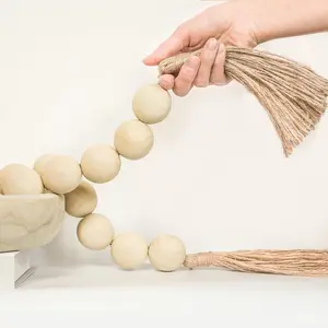Extra Large Wood Bead Garland 1.6" Diameter Wooden Bead Garland with Tassels Farmhouse Decorative Beads Home Decor (Nature Beige, 41 Inches)