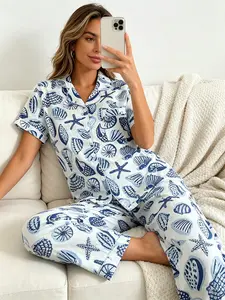 Women's Short Sleeve Button Down Top and Pants Pajama Set, All Season Wear, For Coastal Vacation, White Base Blue Seashell Starfish All Over Print, Classic Lapel Collar, Loose Fit, Comfortable Loungewear For Beach & Home