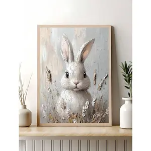 1pc Rabbit Bunny Flower Boho Portrait Print, Easter Farmhouse Decor, Bunny Wall Oil Painting, Vintage Art, Academia Decor Art, Animals Wall Art, Bedroom Decor,Living Room Decor,Kitchen Decor, Dormitory Decor, Ideal Gift For Friends, Wall Arts, Wall Decor